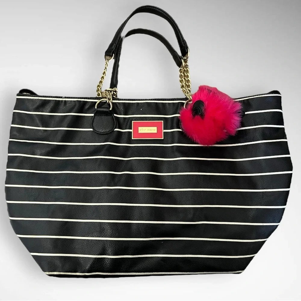 BETSEY JOHNSON Large Vegan Leather Black‎ and White Stripes Satchel Tote | EUC